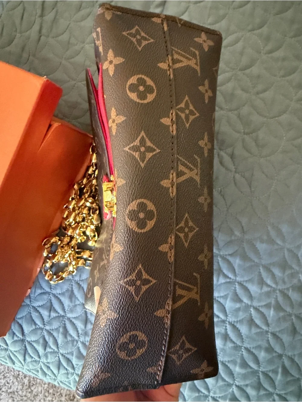 Louis Vuitton Monogram Shoulder Bag with Fuchsia Front Pocket and Gold Chain